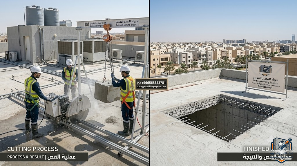 قص أسقف خرسانية حي الياسمين بالرياض بدون تكسير باستخدام الكور الماسي لفتح الأسقف الخرسانية بدقة عالية لتمديدات التكييف والإنارة والمصاعد